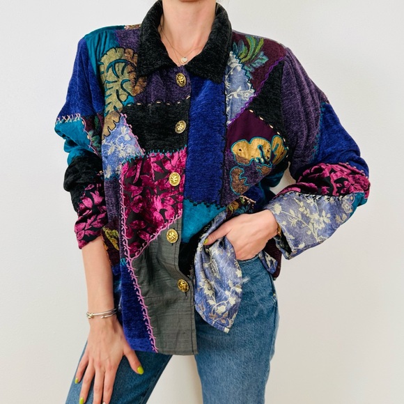 Vintage Tapestry Patch Velour Knit Gold Button Jacket boho quilted - Picture 1 of 10